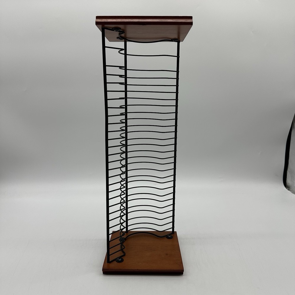 Vintage Wood & Wire 18” Tall Standing Desktop CD Tower Stack Rack - Holds 28 CDs