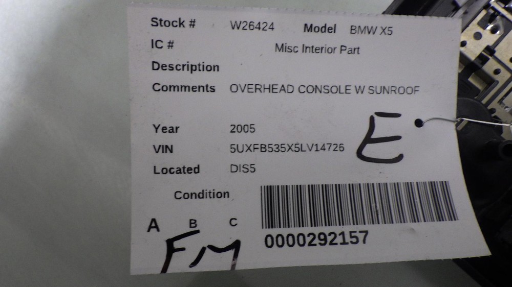 05 BMW X5 OVERHEAD CONSOLE W SUNROOF