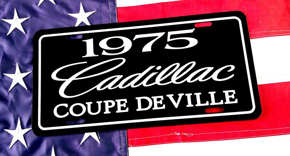 Black 1975 Cadillac Coupe DeVille license plate tag 75 Caddy