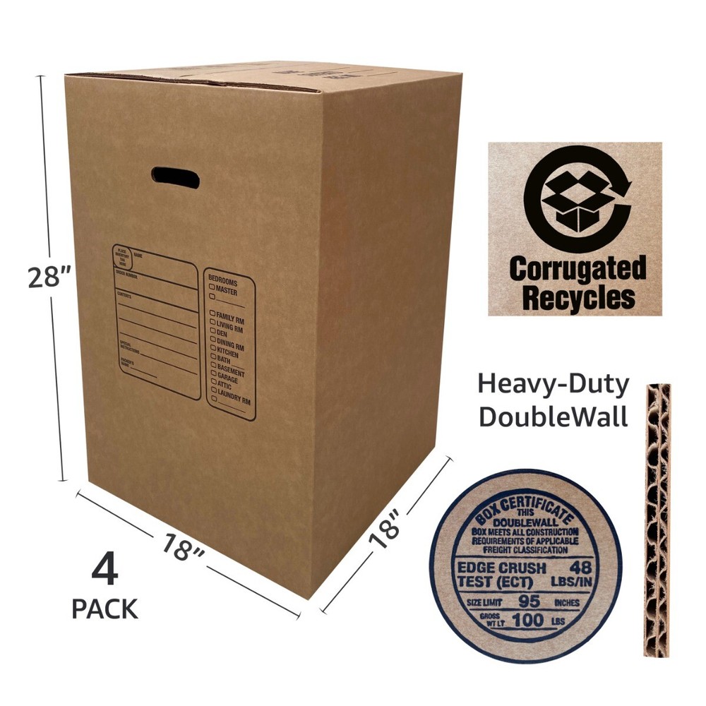 UBMOVE Kitchen Moving Boxes (4 Pack) Double Wall 18x18x28" Heavy Duty Boxes