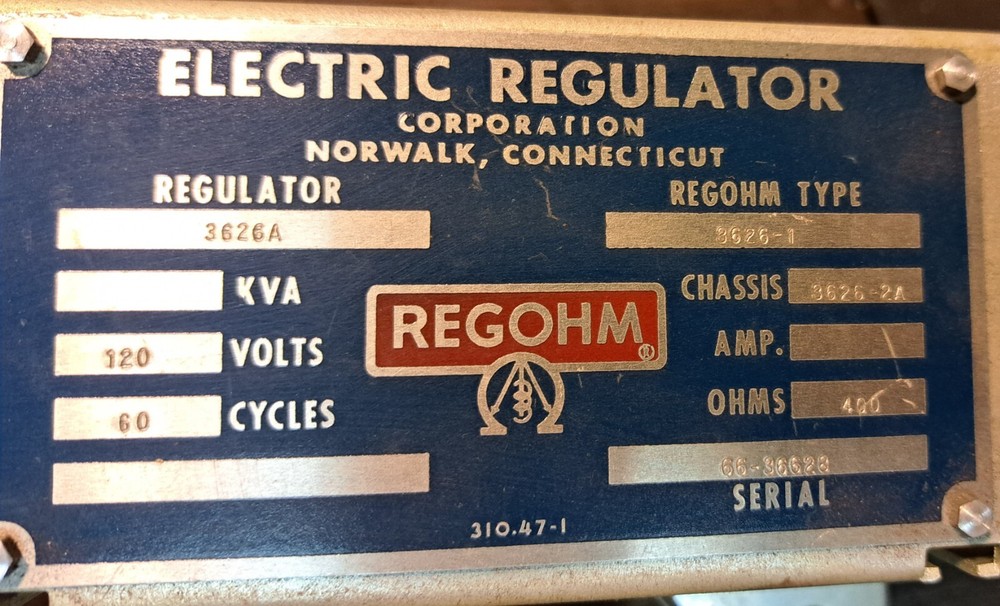 REGOHM ELECTRIC REGULATOR 3626A - Type 3626-1 - 120volt