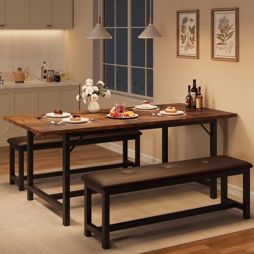 Dining Table Set for 4,63" Large Extendable Dining Room Table Set with 2 Benches