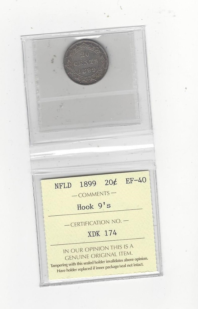 1899 Hook 9's**, ICCS Graded Newfoundland, Twenty Cent, **EF-40**
