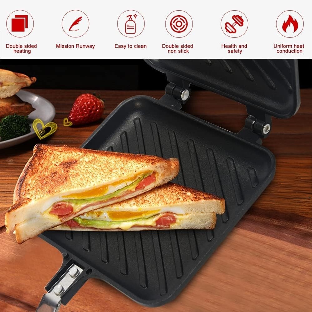 Versatile Non-Stick Grilled Sandwich & Mini Waffle Maker - Black Aluminum Design