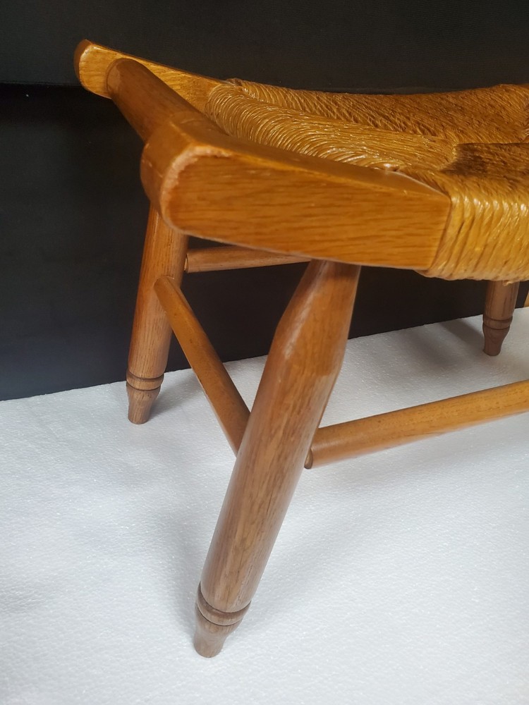 Mid Century Solid Wood Woven Rush Footstool