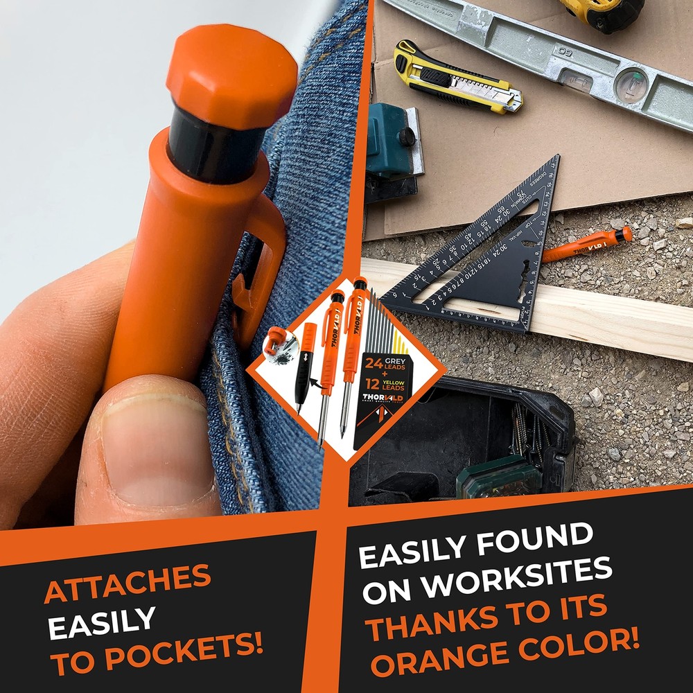 2 Carpenter Pencils Set for Construction - Incl. 38 Leads, Sharpene, Finger Grip