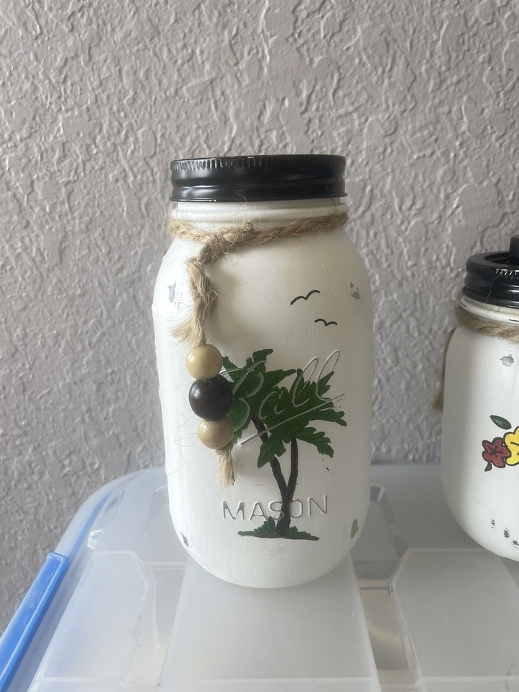 Hand Painted Mason Jar Bathroom Decor 5 Piece Set Surfboard Theme White