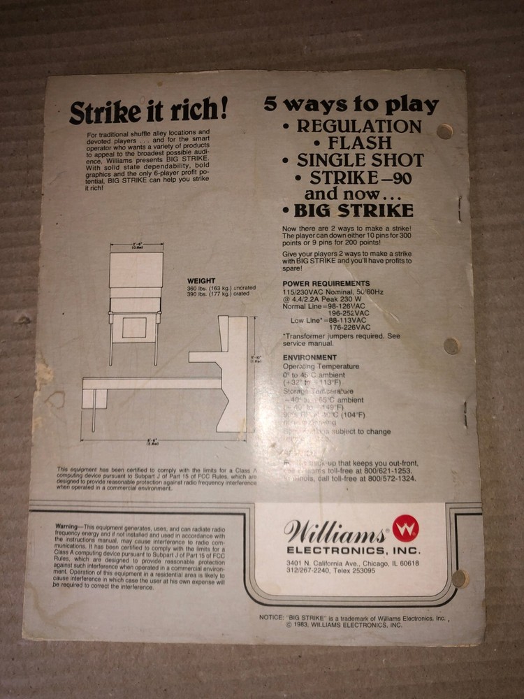 WILLIAMS BIG STRIKE BOWLING MANUAL ARCADE