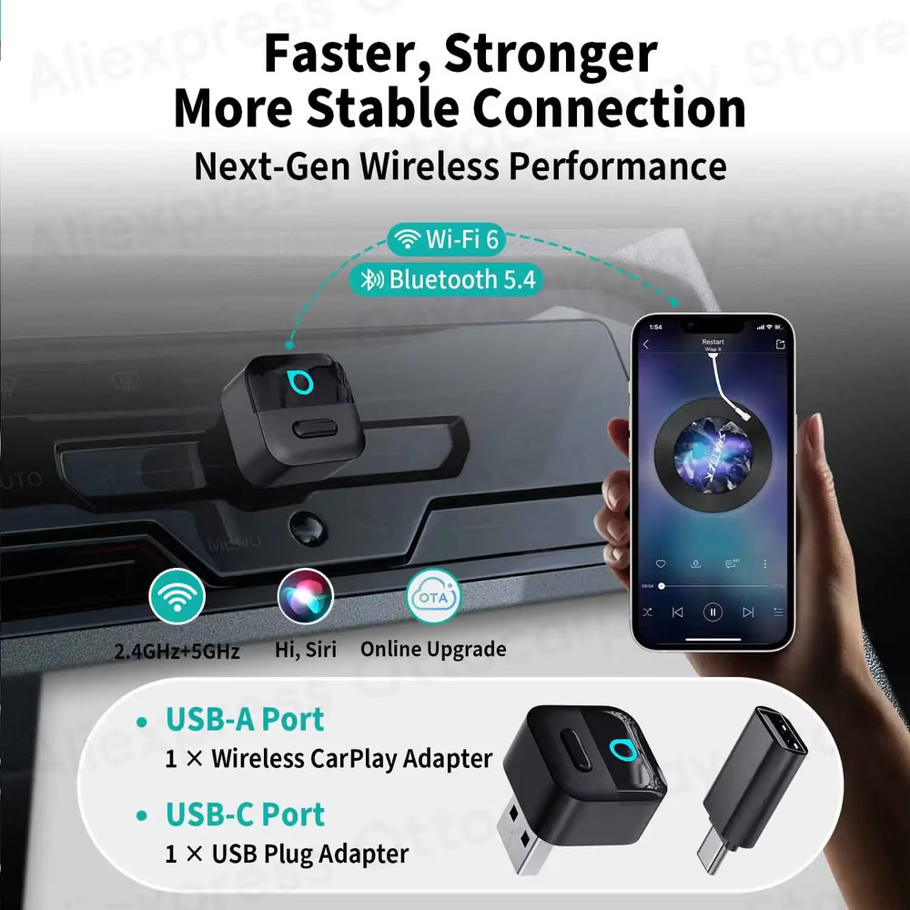 Mini Pico Wireless CarPlay Android Auto Adapter WiFi6 USB Plug & Play