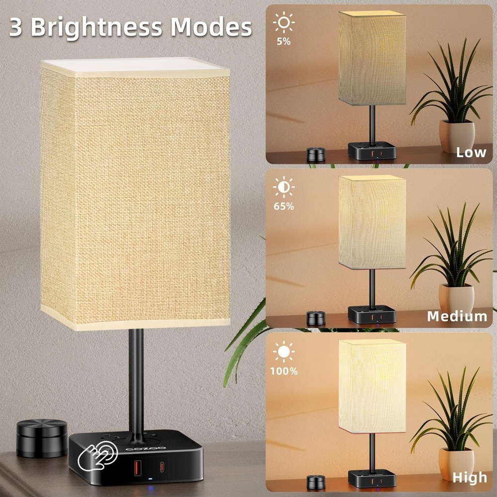 Bedside Lamp with Remote Control & Dimmable Light, 2 AC Outlets + USB-C/USB-A...