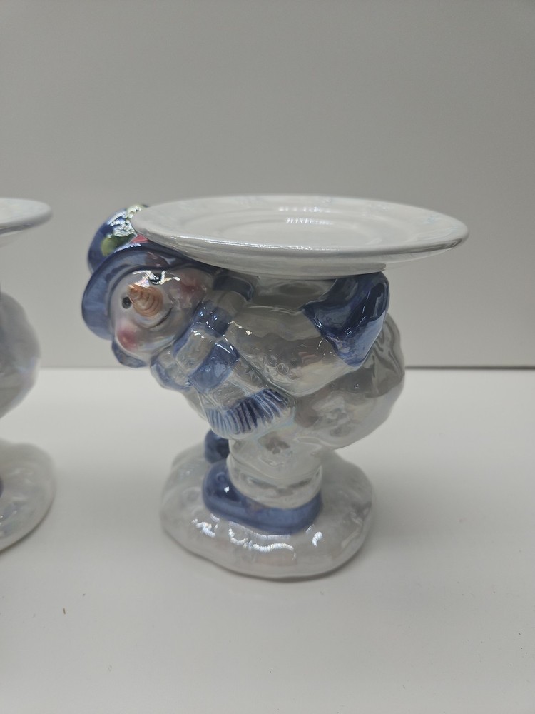 4 Blue Snowman Candle Holders