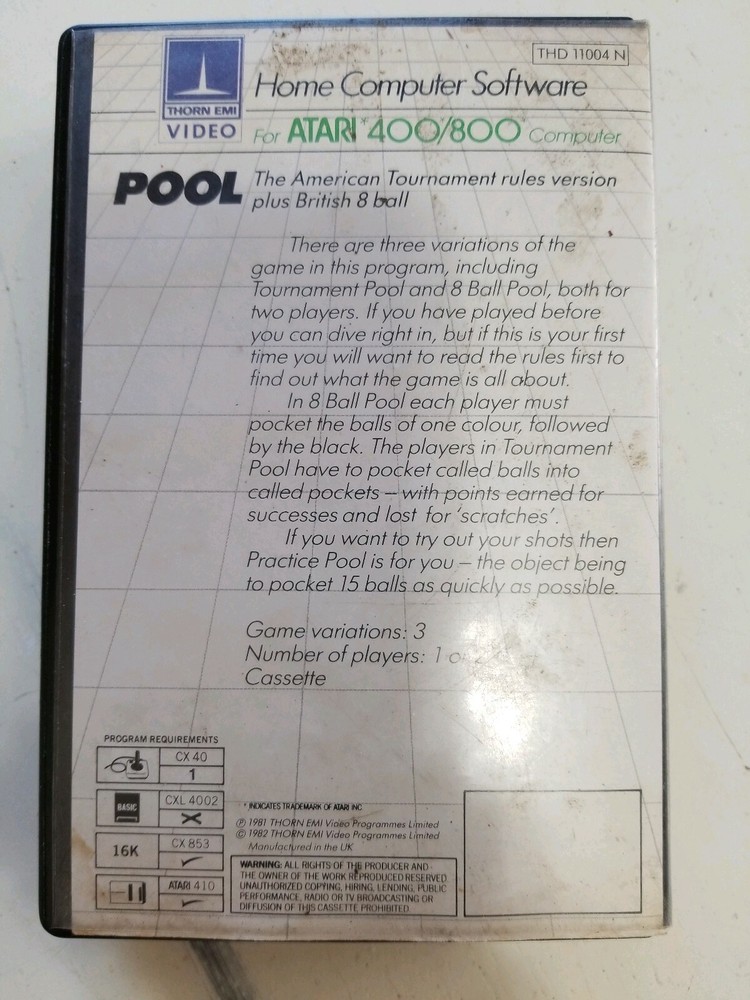 Vintage Atari 400/800 POOL Cassette Home Computer Sortware (Thorn EMI Video)