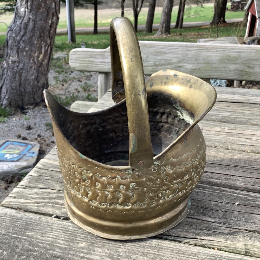 Vintage Hammered Brass Coal Scuttle Coal Bucket With Movable Handle