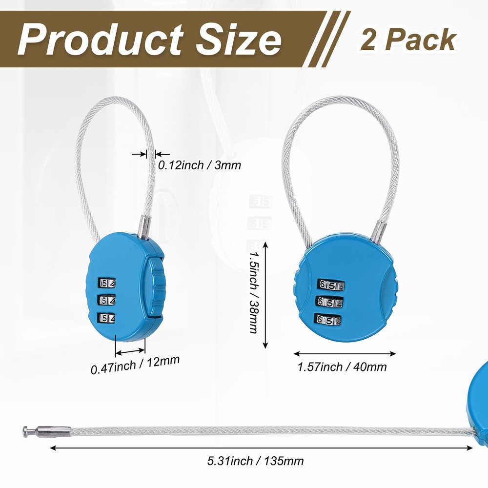 2-Pack Combination Padlock, 3 Digit Round Shaped Cable Luggage Lock [Blue]