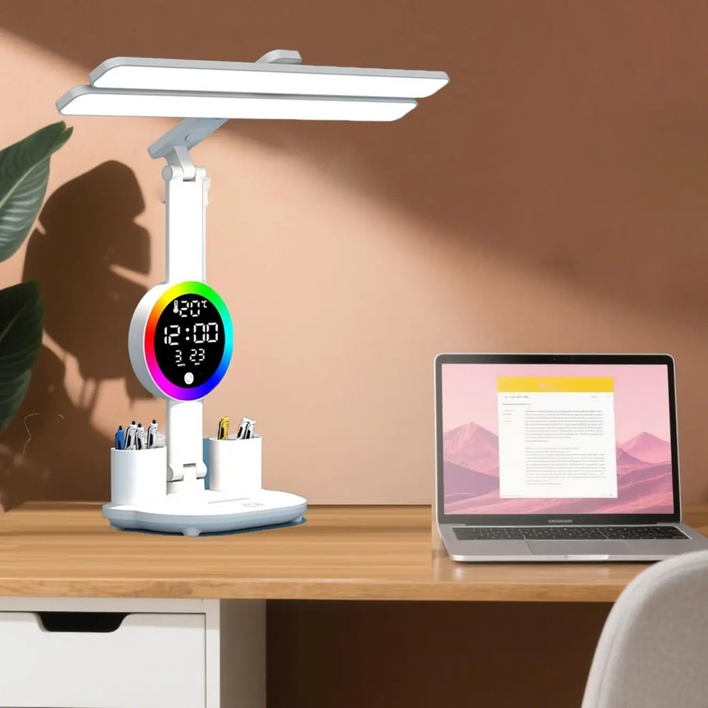 LED Desk Light Dimmable Reading Night Lamp USB Rechargeable Touch Sensor w/Clock
