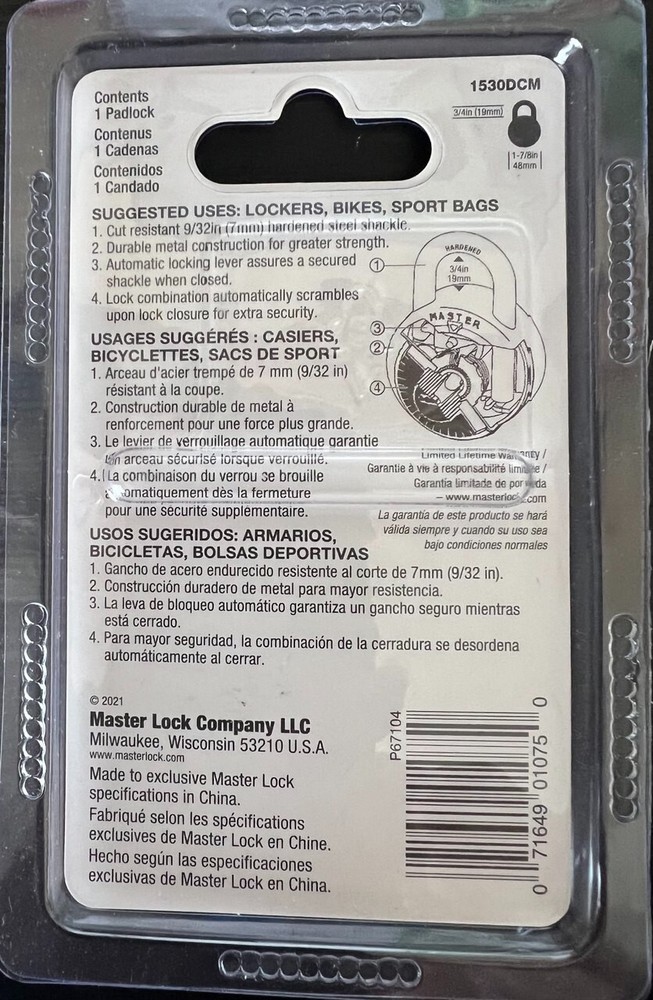 NEW BLUE Master Lock 1530DCM Combination Padlock