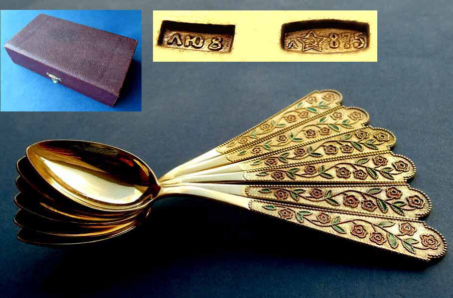 Set, 6 Beautiful Teaspoons/ Spoons, Russia, Enamel, 875 Silver E541