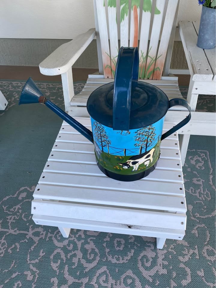 Vintage galvanized watering can with farm decor painted on it