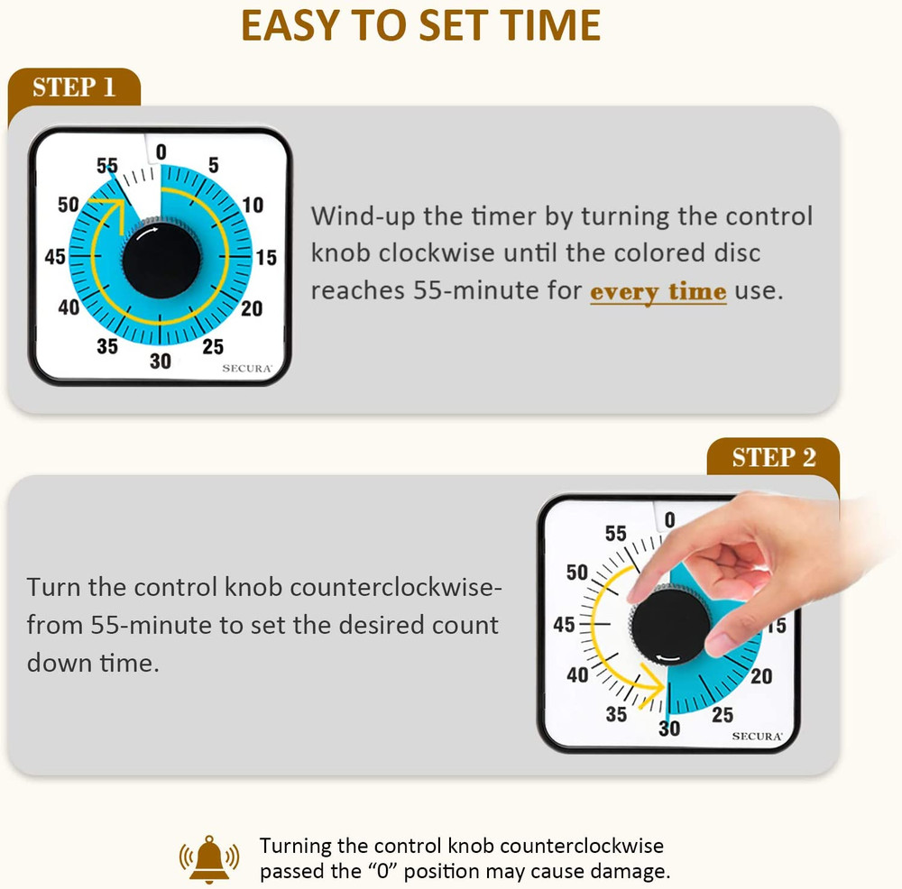 Secura 60-Minute Visual Countdown Timer, 7.5-Inch Oversize Classroom Visual Time