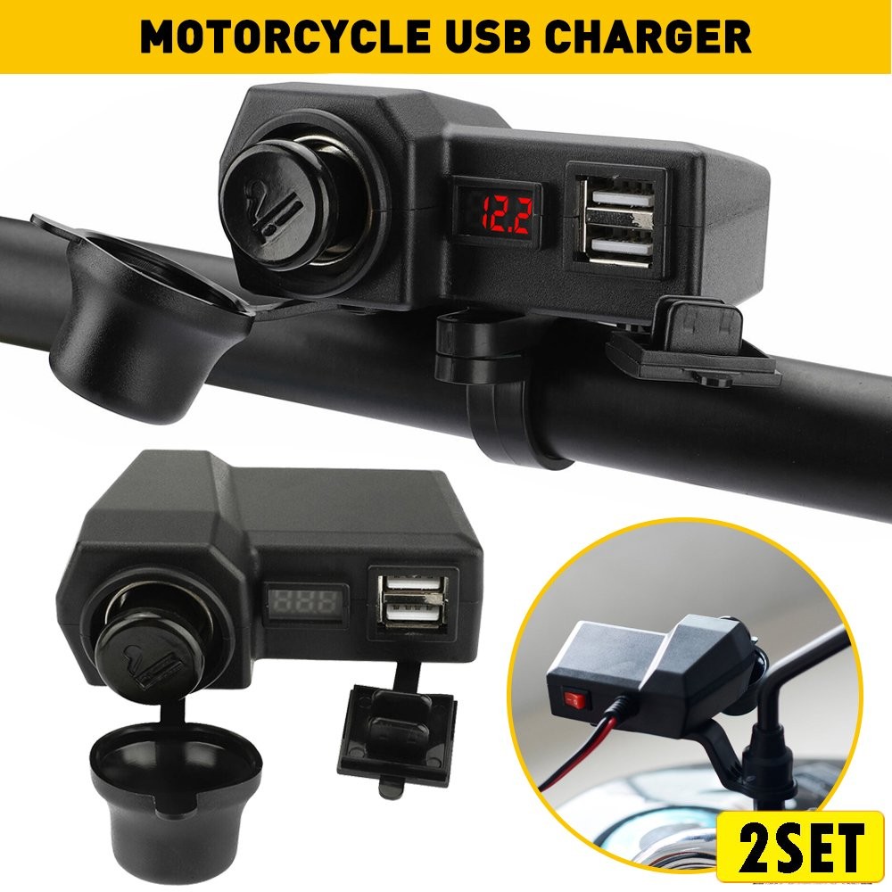 Motorcycle Waterproof Phone Power USB Charger Cigarette Voltmeter Lighter Socket