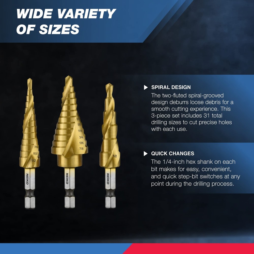 NEIKO 10181A Step Drill Bit Set, 3 Piece, 1/4" Quick Change Hex, Titanium