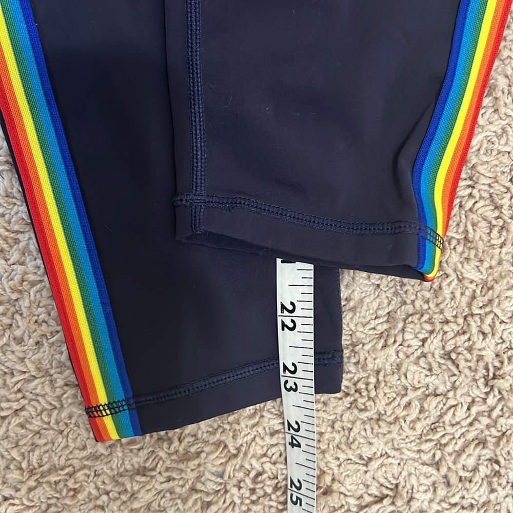 Zyia Medium Rainbow Stripe Multicolor Crop Leggings Navy Blue