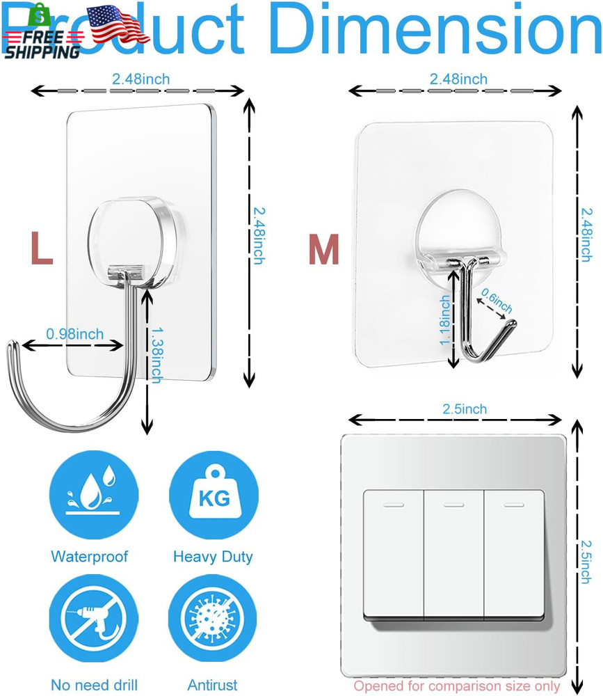 12 Pack Large Adhesive Hooks Heavy Duty Waterproof Wall Hooks