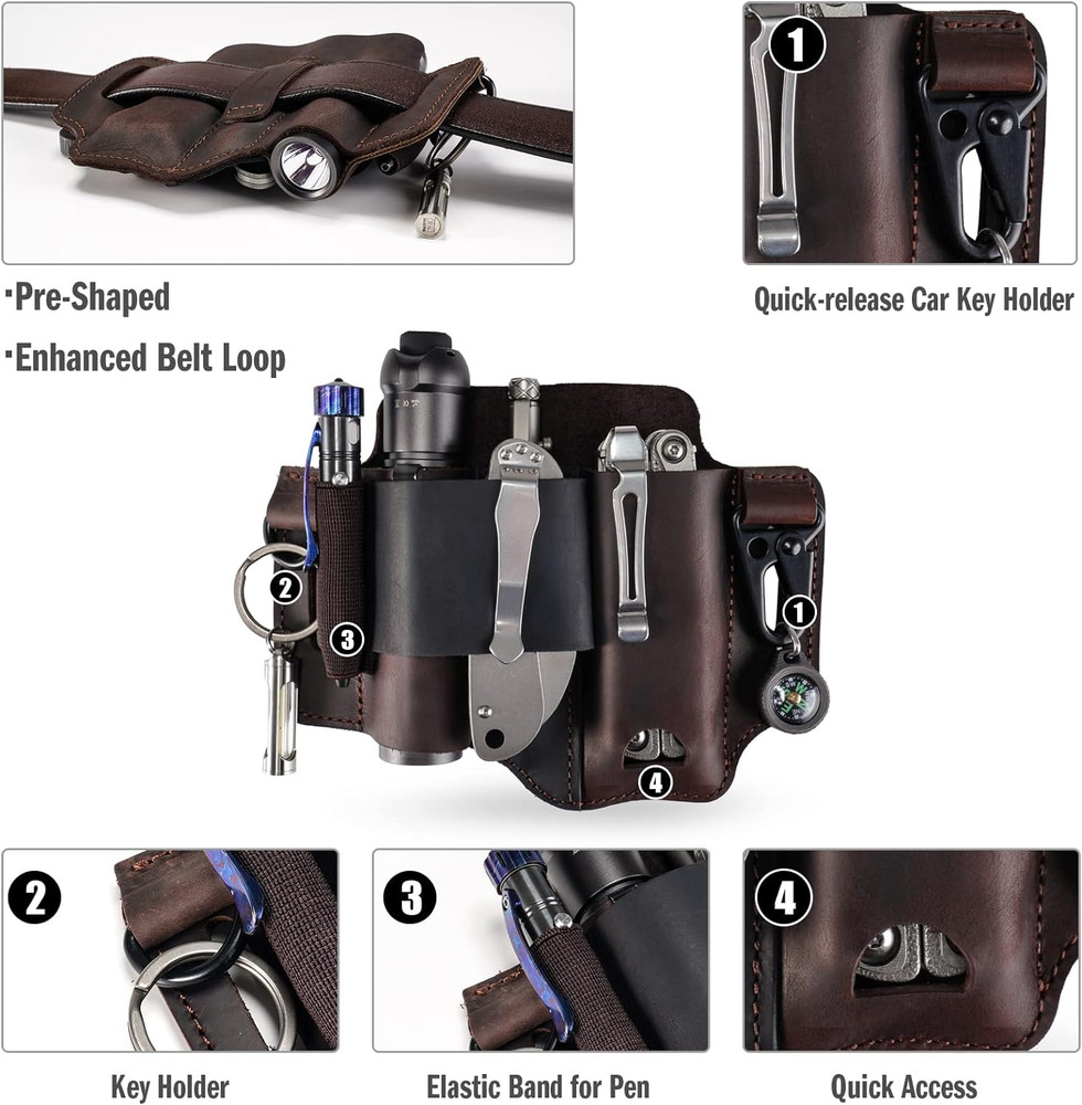 ST1 Leather Multitool Sheath - EDC Belt Organizer for Leatherman Tools, Flashlig