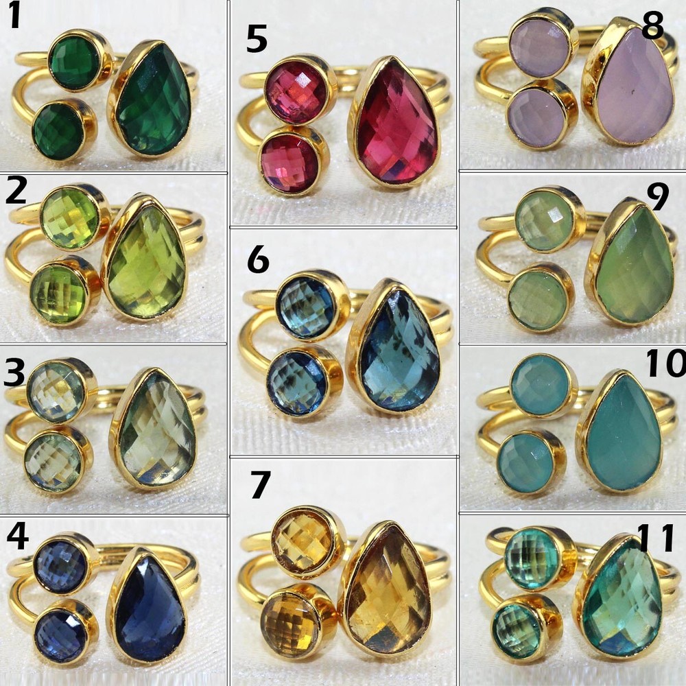 Double Layer Chalcedony Multi-Color Hydro Quartz 24k Gold Plated Adjustable Ring