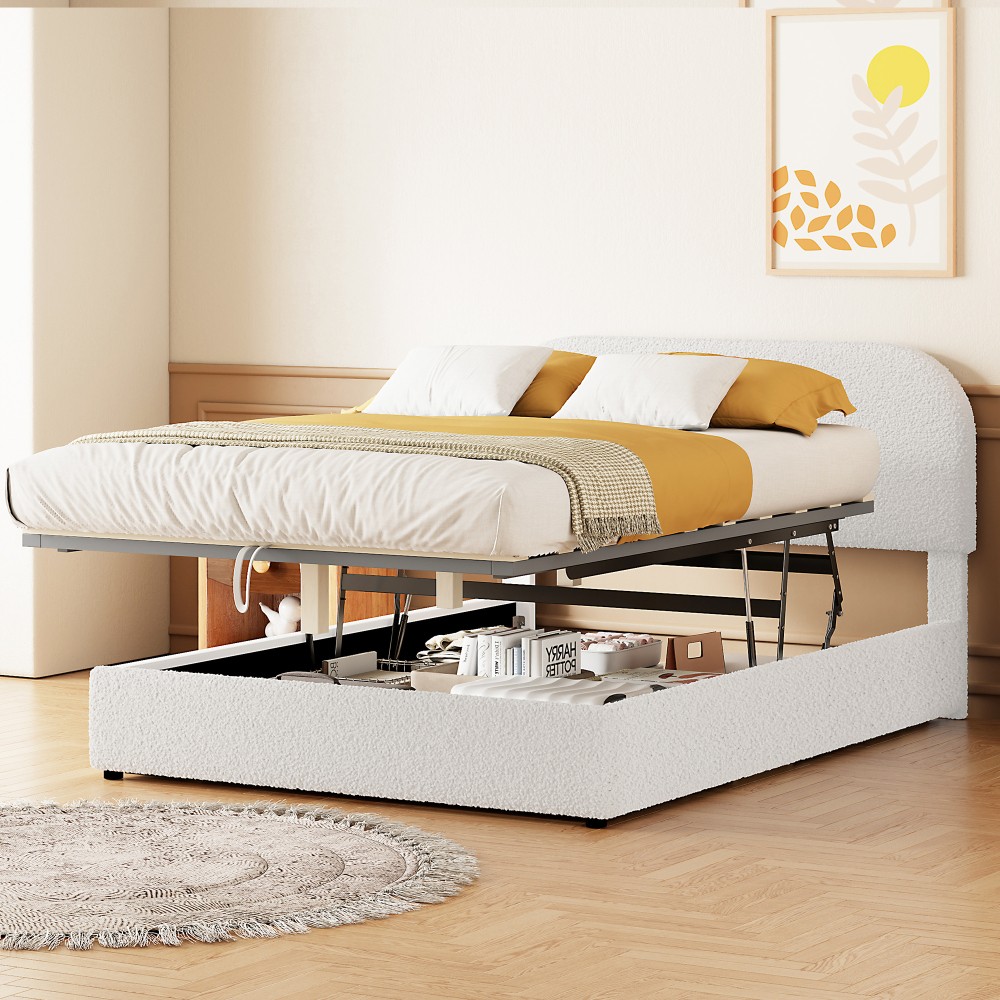 Teddy Fleece Full Size Upholstered Platform Bed with Hydraulic Storage System,