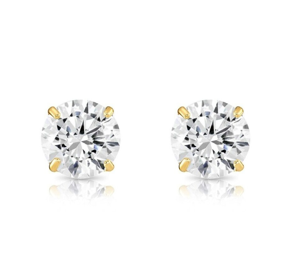 14K Solid Yellow/White Gold Round CZ Stud Earrings Basket Setting 2-10mm
