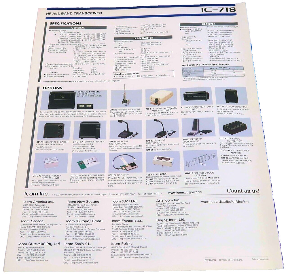 ICOM IC-718 HF TRANSCEIVER 4 PANEL ORIGINAL COLOR BROCHURE