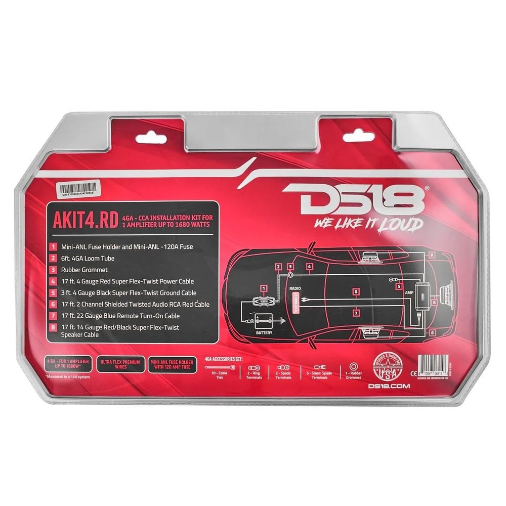 DS18 AKIT4.RD 4-GA Amplifier Installation Kit
