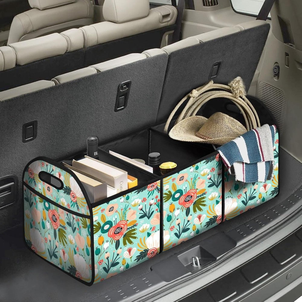 50L Adjustable Flower Trunk Organizer with Multi-Functional Pockets for Vehicles