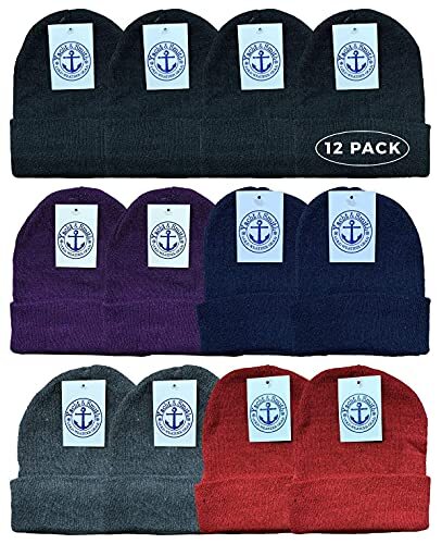 12 PK Black Beanies Or Gloves, Bulk Thermal Winter Hat Solid Black (Assorted)