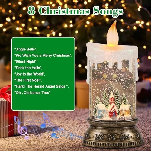 Musical Snow Globe Lantern with Timer, Battery & USB Powered Lighted Candle Lamp