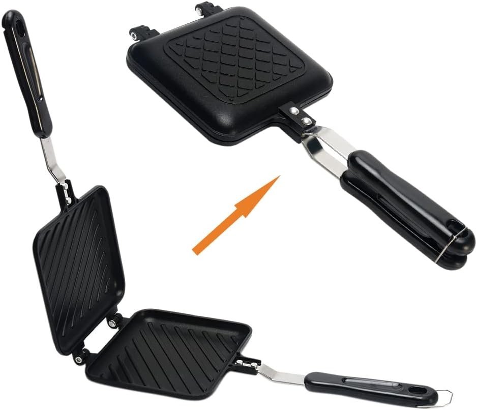 Versatile Non-Stick Grilled Sandwich & Mini Waffle Maker - Black Aluminum Design