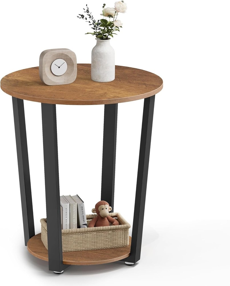 Round Side End Table 2-Tier Accent Bedside Table W/ Storage Shelf Easy Assembly