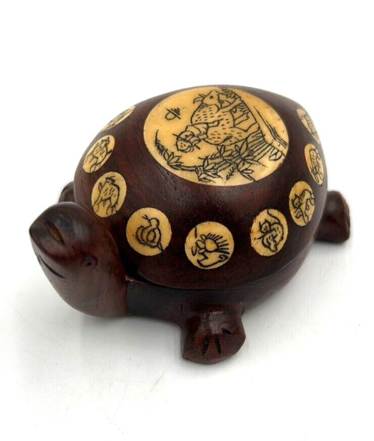 Chinese Wooden Zodiac Turtle With Compass
