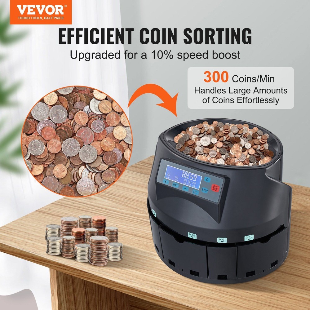 Rapid Coin Sorting Device 300 Coins/min 2000 Storage with LCD