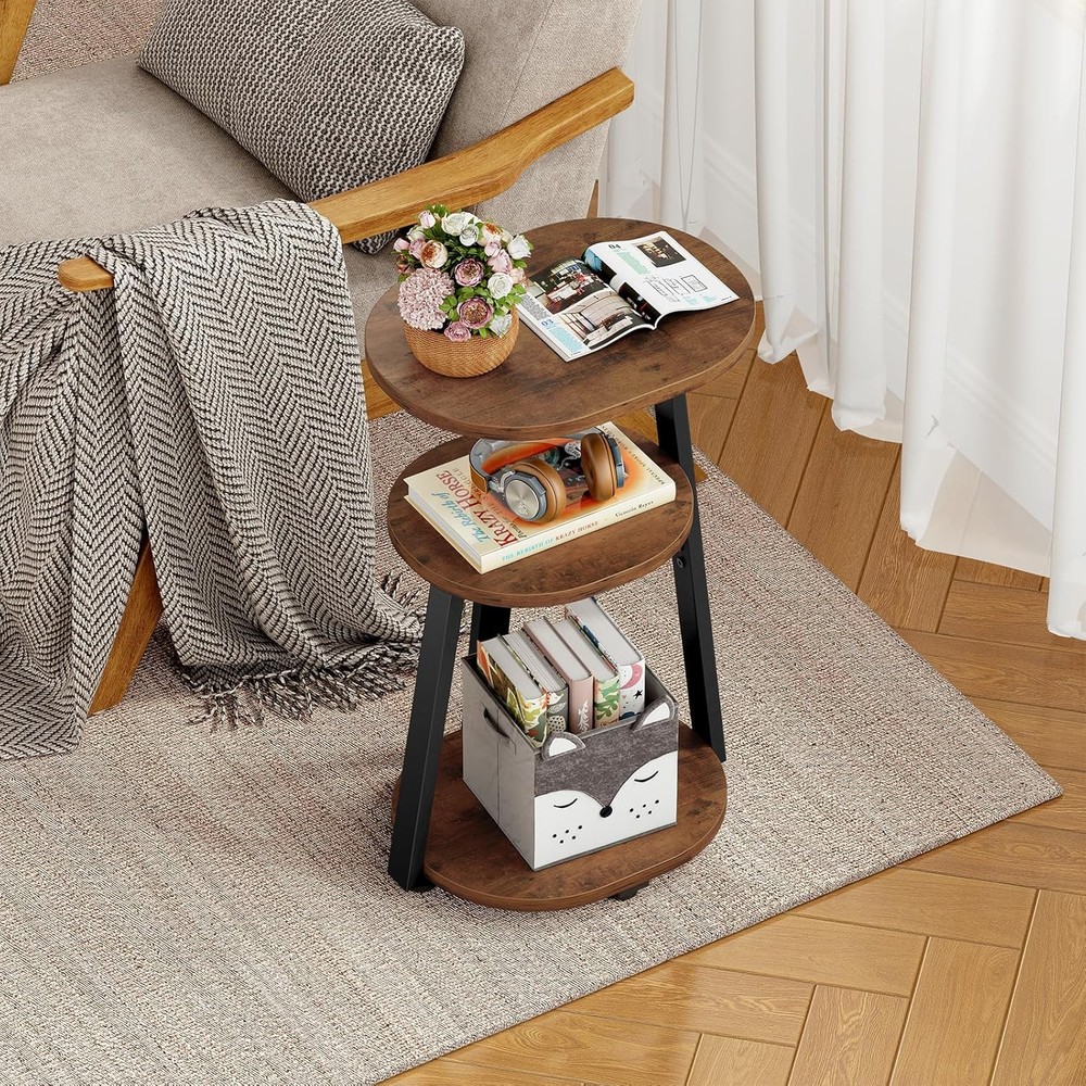 Side Table Small End Table W/ Metal Frame 3-Tier Bedside Tables Round Brown