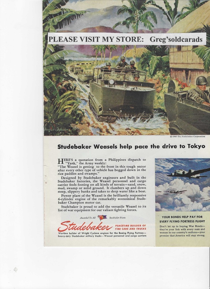 Original 1945 Studebaker powered WWII Weasel Cargo Carrier vintage print ad