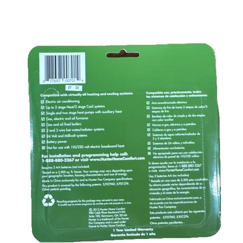 Hunter Home Universal 44378 Digital 7 Day Programmable Thermostat White