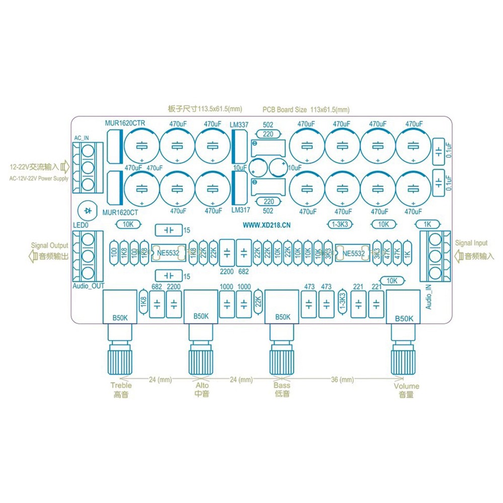 1pc NE5532 3-channel (high-mid-bass) negative feedback type tone board