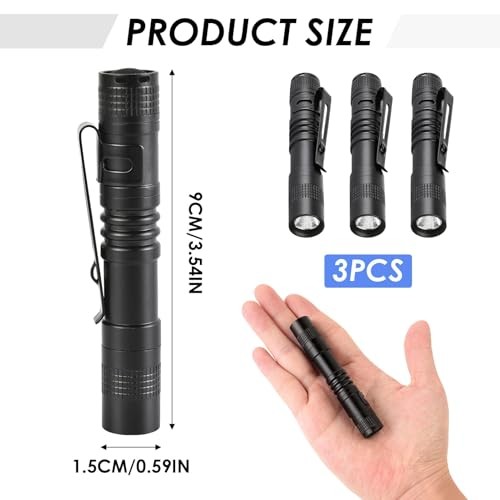 Mini Flashlight, AAA Small Pen Light with Clip, Portable 3.5" Black 3 Pack