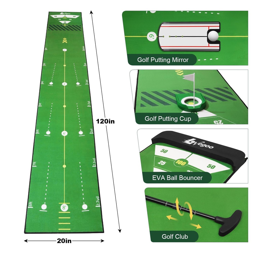 New Golf Practice Mat with Alignment Mirror - 20 in X 120in Putting Training Aid