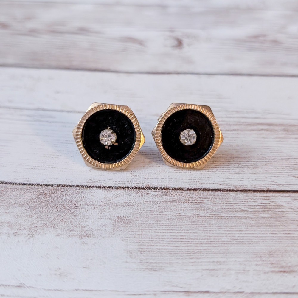 Vintage Screw Back Earrings 6 Sided Black Circle & Clear Gem - Condition Issues