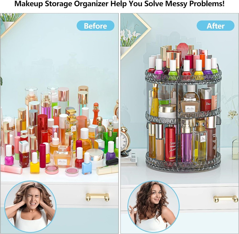 360 Rotating Makeup Organizer, DIY Adjustable Cosmetics Gray