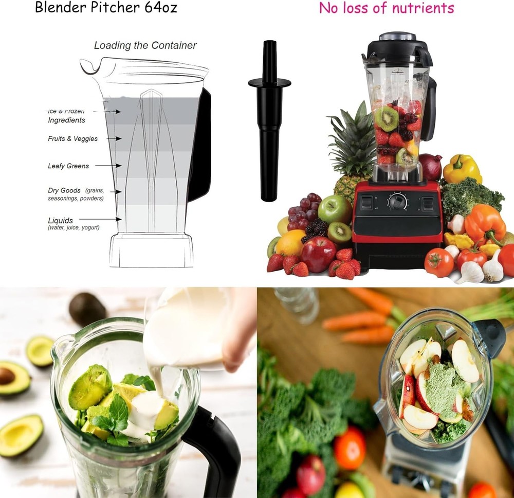 Upgraded 64oz Plastic Blender Jug with Classic Tamper & 10-