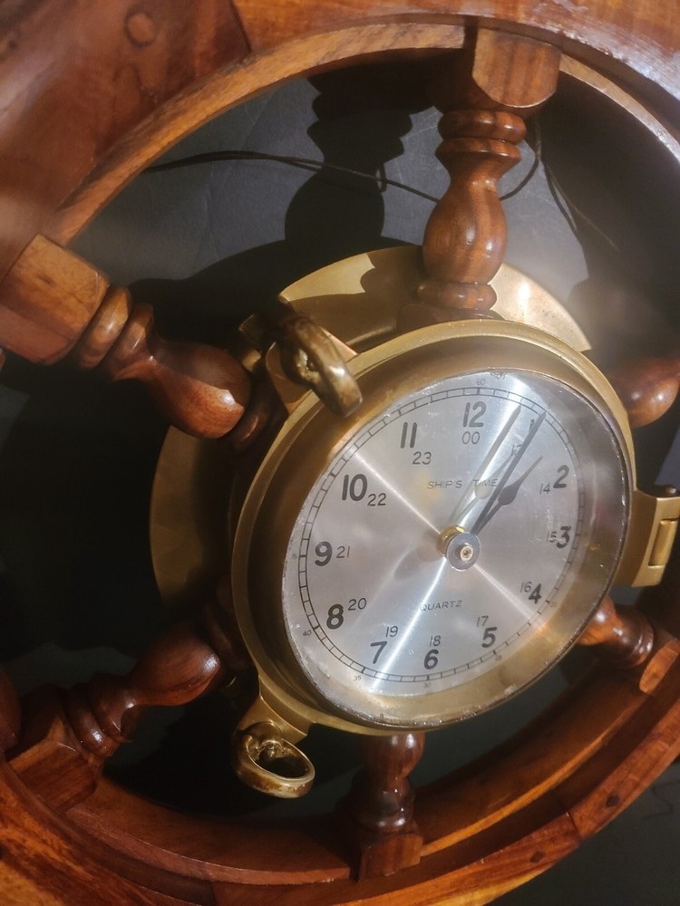 Wood Ships Wheel With Solid Brass Porthole Ships Time Quartz Clock, 24" Diameter
